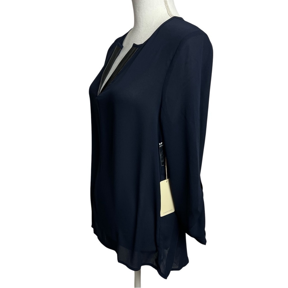 Stitch Fix 41 Hawthorn Woodling Faux Leather Detail Blouse Sz Small Semi Sheer - Picture 3 of 14